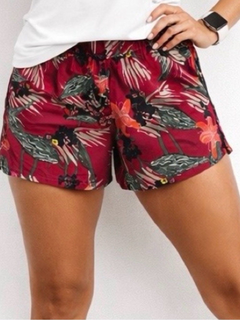 Patagonia Women's Athletic Shorts in Pinkish Red with Floral Pattern